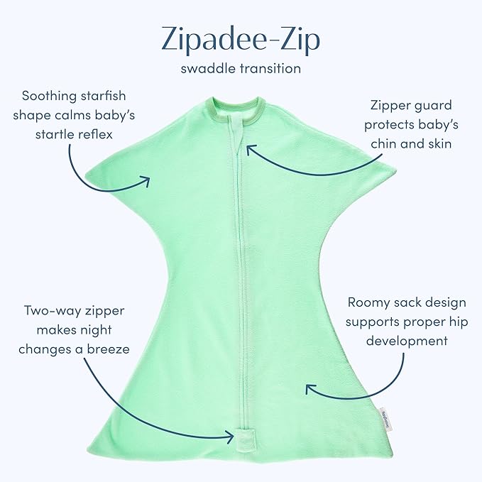SleepingBaby Zipadee-Zip Transition Swaddle - Cozy Fleece Wearable Blanket with Two-Way Zipper for Baby Sleep - Mint, Large (12-24 Month)