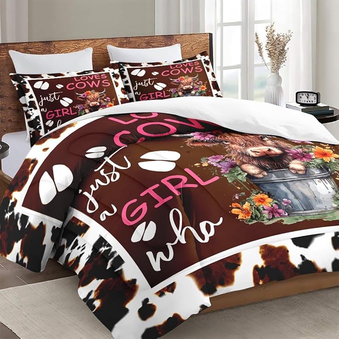 Queen Size Comforter Set with 2 Pillowcases, Cow Print Flower Green Soft 3 Pcs Bedding for Kids and Adults, Cute Happy Highland Comforter Set for Bedroom Bed Decor