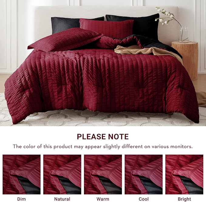 MUXHOMO 7 Pieces California King Comforter Set, Seersucker Bed in a Bag Cal King Size, All Season Luxury Bedding Set with Comforter, Flat Sheet, Fitted Sheet, Pillowcases & Shams, Red & Black