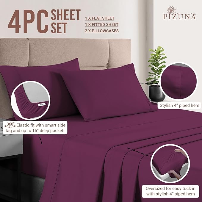 Pizuna Pure 100% Cotton Sheets California King Size, Luxurious 400 Thread Count Long Staple Cotton Sateen Sheets California King with 15" Deep Pocket (Combed Berry Plum Cotton Sheets California King)