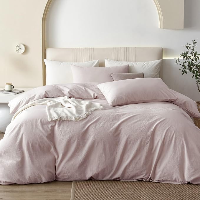 JIYUAN 100% Washed Cotton Duvet Cover Set King Size, Linen Feel Soft Breathable Bedding Set with Zipper Closure, 104x90 Duvet Cover (Comforter Not Included) & 2 Pillowcases, Heathered Greyish Pink