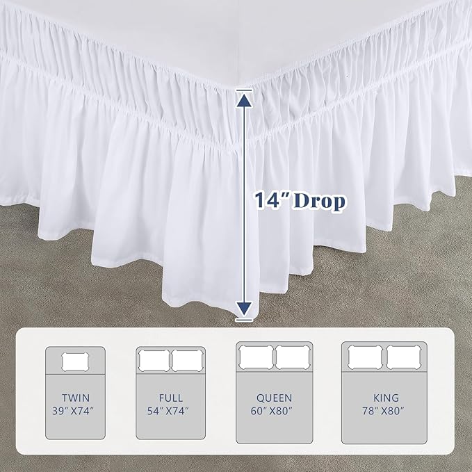 King Bed Skirt, Elastic Wrap Around Bed Skirt King Size, Bed Skirts for Adjustable Bed, Easy Fit with 14" Drop Length Tailored Drop Dust Ruffle (White)