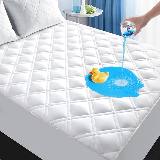 Padded Full Mattress Protector, Breathable Waterproof Mattress Pad Cover Fitted Deep Pocket 8"-21", Soft Noiseless Mattress Cover Washable Cooling for Home Hotel Bedroom, White