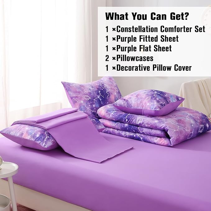 JQinHome Queen Gradient Galaxy Comforter Set for Girls,6 Piece Bed in A Bag 3D Colorful Tie Dye Constellation Print Ombre Bedding Set with Pillowcase, Flat & Fitted Sheet,Cushion Cover (Purple)