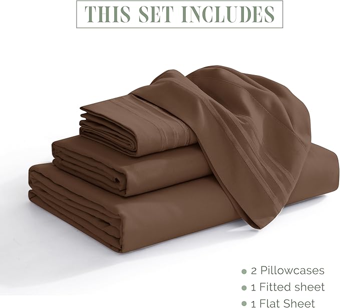 Elegant Comfort Luxurious 1500 Premium Hotel Quality Microfiber Three Line Embroidered Softest 4-Piece Bed Sheet Set, Wrinkle and Fade Resistant, RV Short Queen, Taupe
