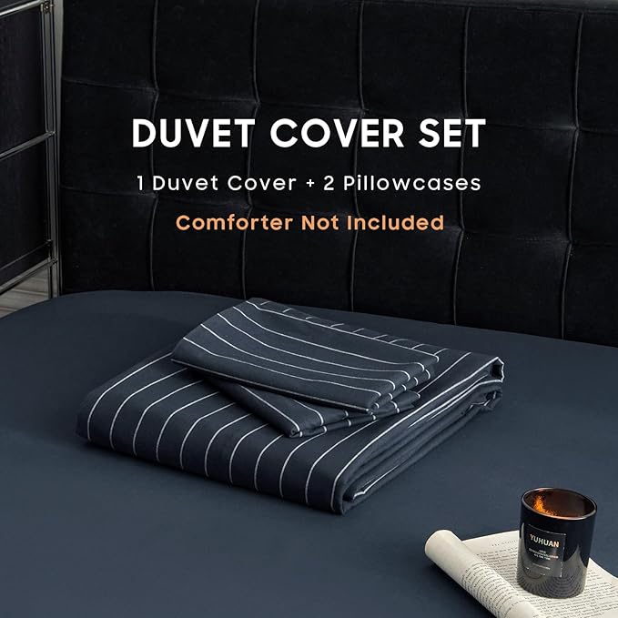 Wake In Cloud - Striped Cotton Duvet Cover Set, Ticking Stripe Vertical Pinstripe Farmhouse, 100% Washed Cotton Textured Percale Bedding Set, 3 Pieces, Navy Blue, King Size