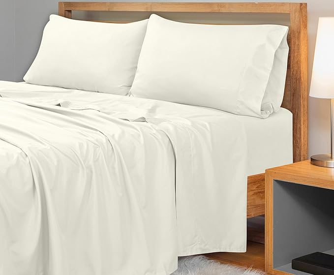 Royale Linens 300 Thread Count 100% Long Staple Combed Cotton Flat Sheet - Super Soft - Top Sheet - Queen Flat Sheet Sold Separately - Breathable, Cool & Crisp Percale (Queen, Ivory)