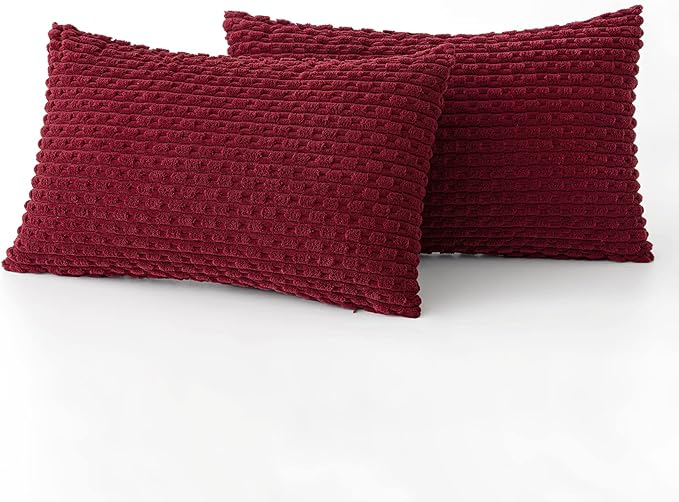 MIULEE Wine Red Throw Pillow Covers Soft Corduroy Decorative Set of 2 Boho Striped Pillow Covers Pillowcases Farmhouse Home Decor for Couch Bed Sofa Living Room 12x20 Inch