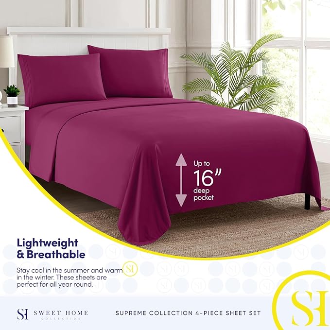 King Size Sheets - Breathable Luxury Bed Sheets with Full Elastic & Secure Corner Straps Built In - 1800 Supreme Collection Extra Soft Deep Pocket Bedding Set, Sheet Set, King, Berry