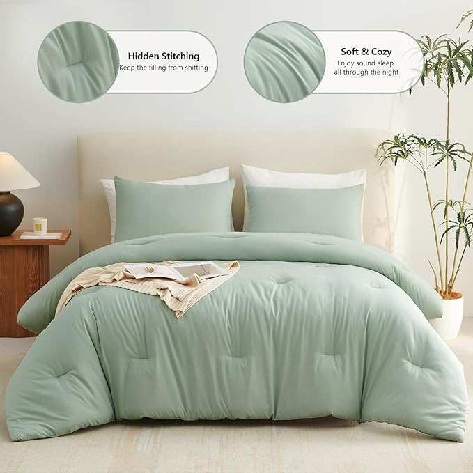 CozyLux Sage Green Full Size Comforter Set, 3 Pieces Solid Breathable Quilted Bedding Sets, Luxury Fluffy Soft Bed Set with Down Alternative Comforter for All Season (1 Comforter & 2 Pillowcases)