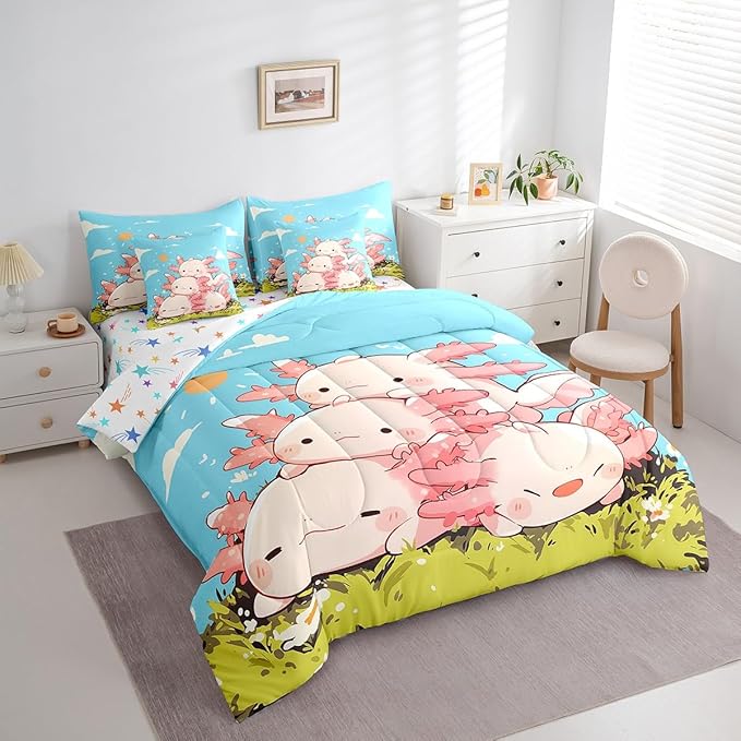 Feelyou Kids Cute Axolotl 7 Pieces Bedding Set King Size, Cartoon Salamander Bed in A Bag Ocean Sealife Comforter Set with Sheets Boys Girls Kawaii Animal Teens Bed Set Bedroom Decor 7Pcs