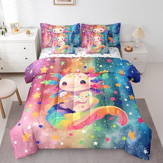 Feelyou Kids Cute Axolotl 7 Pieces Bedding Set Queen Size, Cartoon Animal Bed in A Bag Boys Girls Kawaii Ocean Sealife Comforter Set with Sheets Rainbow Teens Bed Set Bedroom Decor 7Pcs