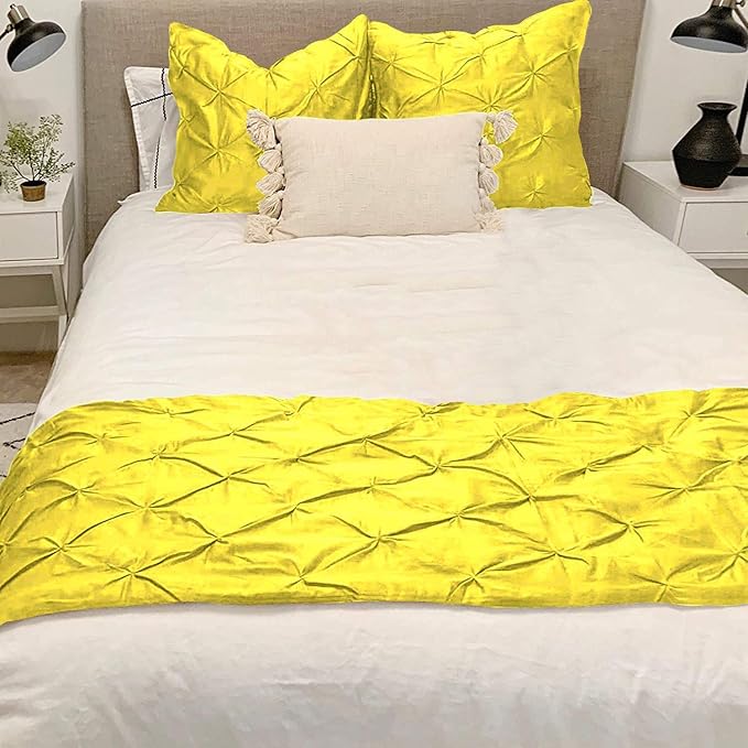 Bed Runner Set - 100% Pure Cotton 800 Thread Count - Luxury 1 Pinch Pleated Bed Runner and 2 Pillow Cover - 3 Piece Pinch Pleated Bed Runner Set Queen, Yellow