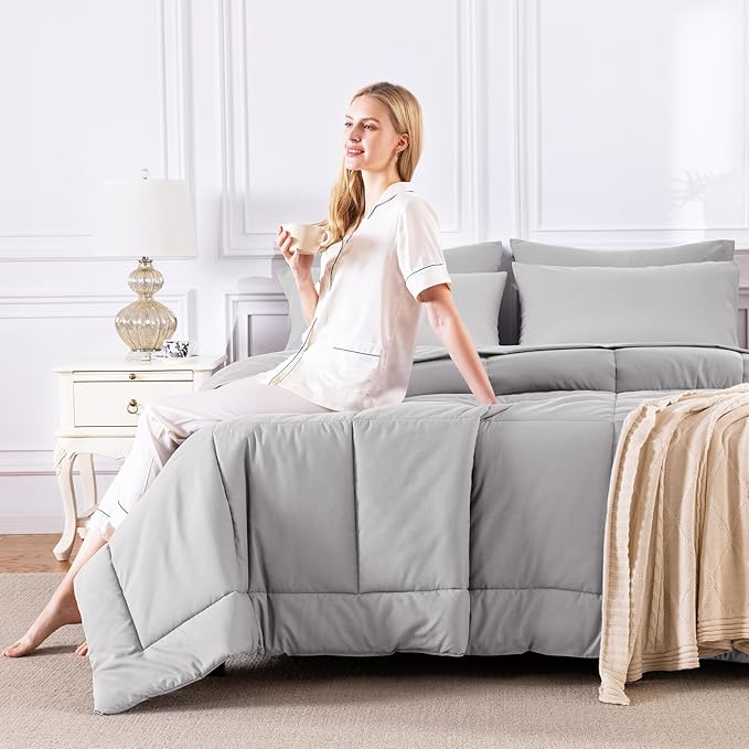 CozyLux Full Size Comforter Set French Grey, 7 Pieces Bed in a Bag, Grey Comforter Full Size, All Season Bedding Sets with Stitch Quilted Comforter, Flat Sheet, Fitted Sheet, Pillowcases