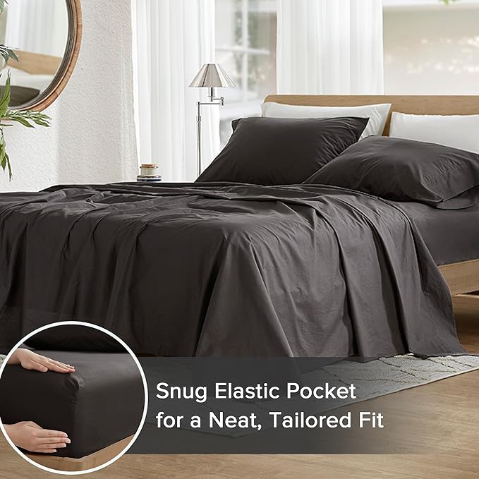 Comfort Spaces 100% Cotton Sheets Twin, Breathable & Ultra Soft Cotton Sheets, Naturally Cool Cotton Bed Sheets with 12" Elastic Pocket Fits up to 14" Mattress, All Season Sheet Set, Black, 3 Piece