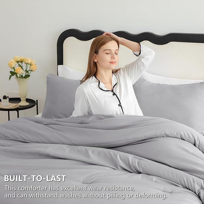 CozyLux Full Size Comforter Set Grey, 3 Pieces Solid Breathable Quilted Style Bedding Sets, Gray Luxury Fluffy Soft Bed Set with Down Alternative Comforter for All Season (1 Comforter & 2 Pillowcases)