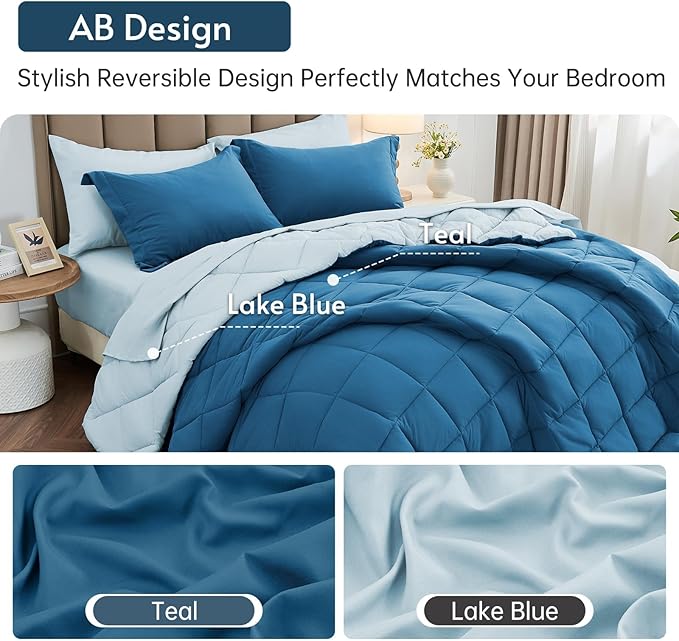 MUXHOMO 7 Pieces Queen Comforter Set, Reversible Bed in a Bag Queen Size, All Season Bedding Set with Comforter, Flat Sheet, Fitted Sheet, Pillowcases & Shams, Teal & Lake Blue