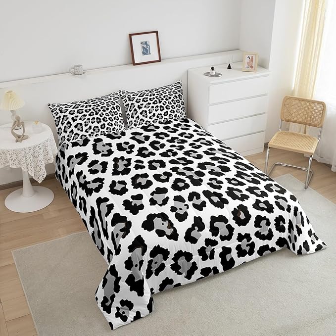 Feelyou Leopard Comforter Set Black Grey Cheetah Print Bedding Set for Kids Boys Girls Teens Decor Cow Pattern Comforter Africa Animal Lightweight Duvet Set 3Pcs Full Size
