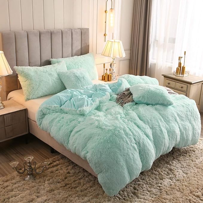 Uhamho Faux Fur Velvet Fluffy Bedding Duvet Cover Set Down Comforter Quilt Cover with Pillow Sham, Ultra Soft Warm (Twin, Aqua)