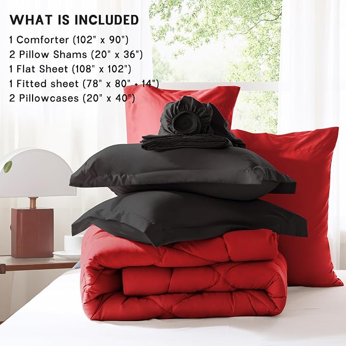 Anluoer King Comforter Set，Red and Black Bed in a Bag 7 Piece，Lightweight Bedding Set with Soft Down Alternative Fill，Bed Set Includes Comforter, Fitted Sheet, Flat Sheet，Pillowcases and Shams