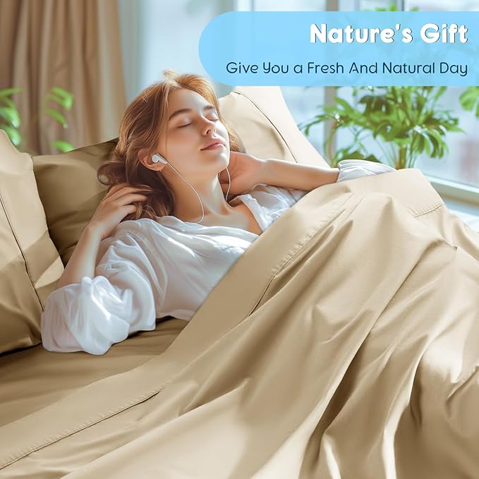 SONORO KATE 100% Egyptian Cotton Sheets Set, Extra Deep Pocket up to 18"-24",1000 High Thread Count, Soft & Breathable 5-Star Hotel Sateen Bed Sheets - 4 PC (Beige,Queen)