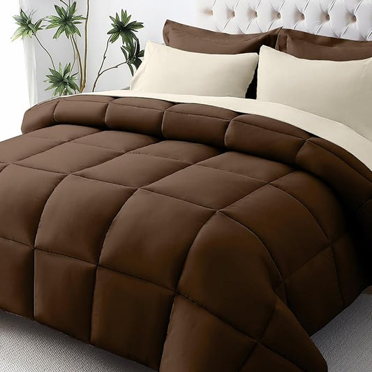 JOLLYVOGUE California King Comforter Set, Ultra-Soft Bed in a Bag Cal King Size 7 Pieces, Oeko-TEX Certified Bedding Set with Down Alternative Comforter, Sheets, Pillowcases & Shams, Brown & Beige