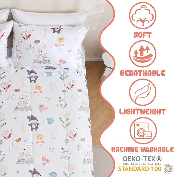 Yibeizi Woodland Animals Comforter Set Twin, Kids Forest Floral Camper Themed Printed Bedding Set with Pillow Sham, Cute Lightweight Soft Breathable Machine Washable Quilted Bed Comforter