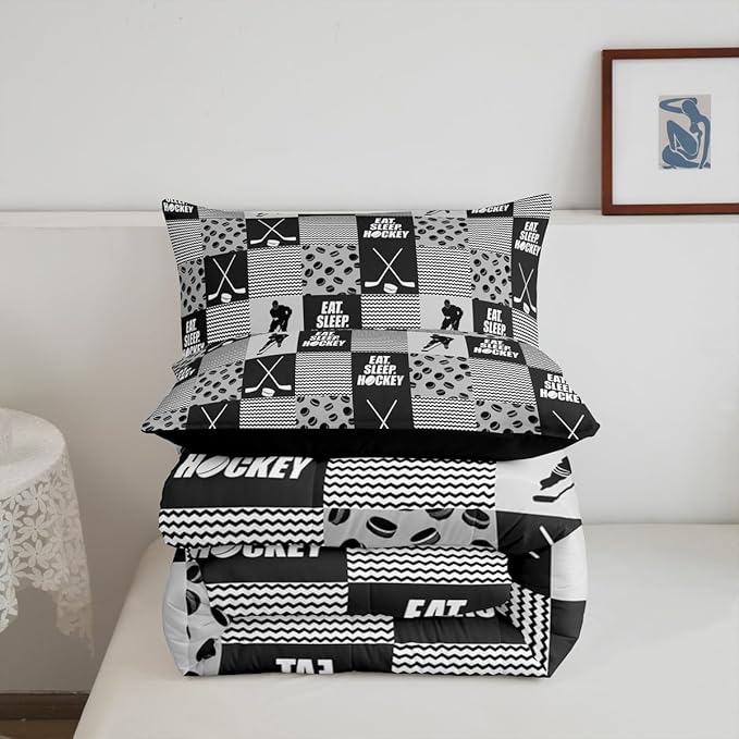Ice Hockey Comforter Sets for Boys girls Twin Black White Grey Winter Sports Games Down Comforter Kids Teen Room Decor,Player Bedding Set Geometric Checkered Stripes Quilt Duvet 1 Pillow Case