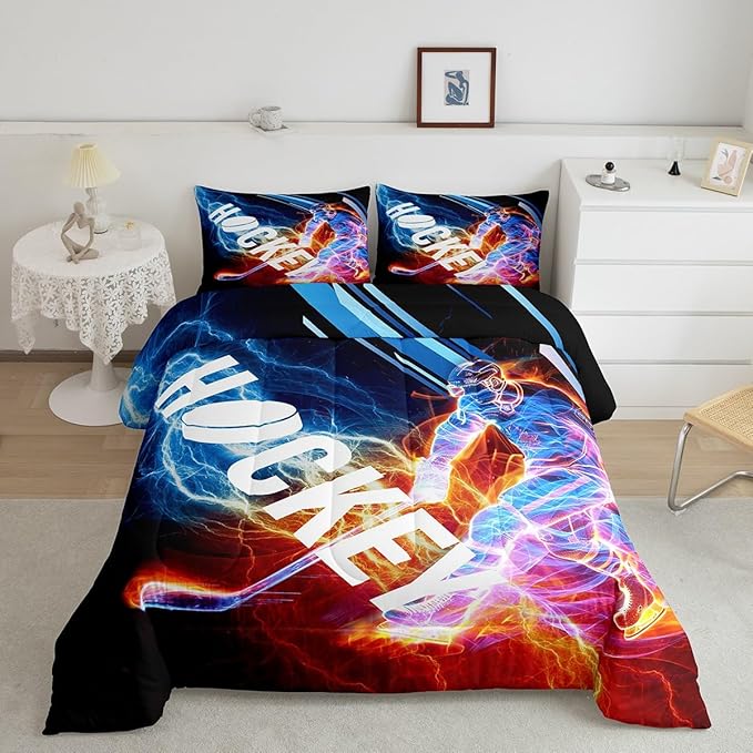 Ice Hockey Comforter Set King, Puck Hockey Player Bedding Sets for Kids Boys Girls Teens, Red Blue Lightening Duvet Insert, Winter Sports Game Down Comforter Bedroom Decor for All Season, 3 Pieces