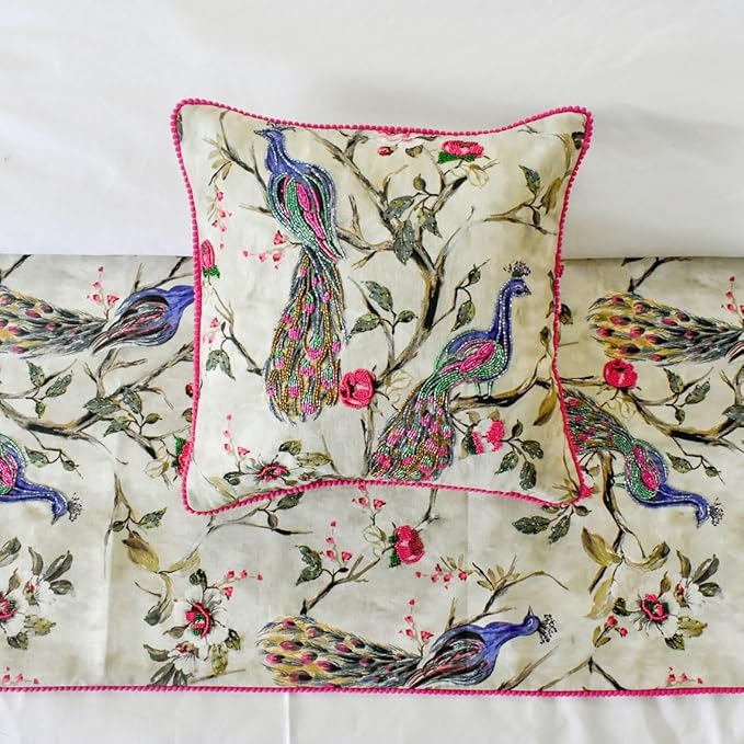 The HomeCentric King/Queen/Twin Pink & Purple Decorative Queen 74"x18" Bed Runner Without Pillow Cover, Peacock, Beaded, Pom Pom Lace Bed Scarf on Cotton Fabric - Pavo Paradiso