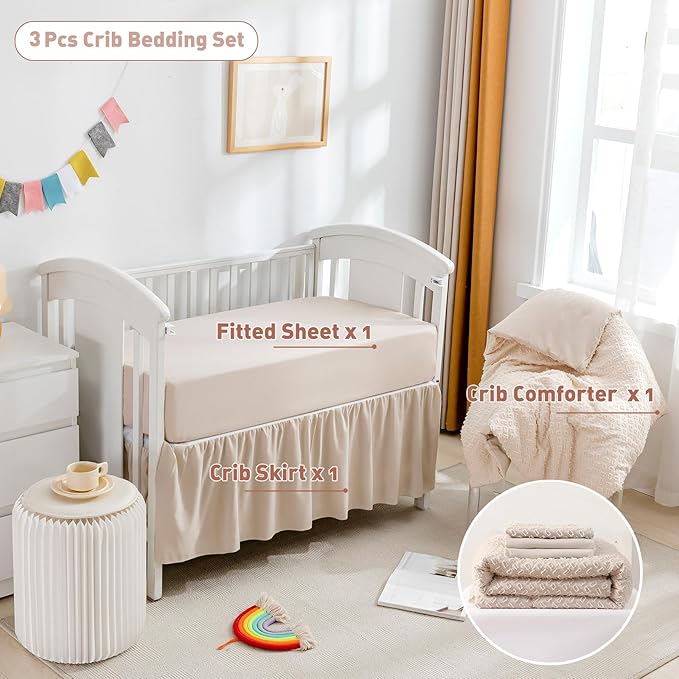 Cokouchyi 3 Piece Bedding Set for Boy Girls, Jacquard Tufted Geometric Crib Set, Includes Skirt, Blanket and Sheet, Baby Bedding, Beige