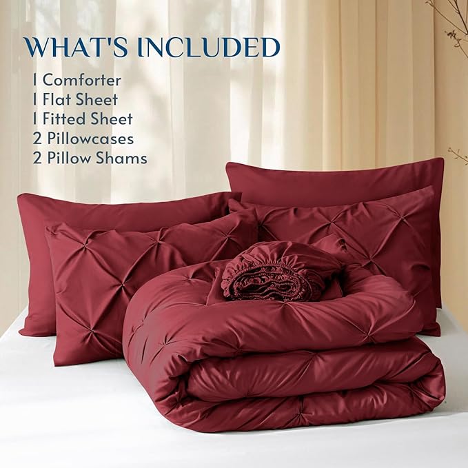JOLLYVOGUE Queen Comforter Set 7 Pieces - Bed in a Bag Queen for All Season, Pintuck Bedding Comforter Sets with Comforter, Flat Sheet, Fitted Sheet and Pillowcases & Shams, Burgundy