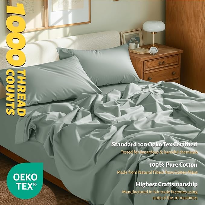 Shilucheng 100% Egyptian Cotton Sheets Set - 1000 Thread Count，Luxury Cotton Bed Sheets，Breathable & Cooling Bedding and Pillow Cases, 16 Inch Deep Pocket - 4 Piece (California King, Sea Glass)