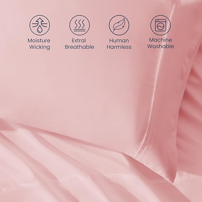 SLEEP ZONE Nanotex Super Soft Cooling King Bed Sheets Set 4 Piece - Easy Care Fitted Flat Sheet & Pillowcase Sets - Wrinkle Free, Fade Resistant, Deep Pocket 16" (Ballet Pink, King)