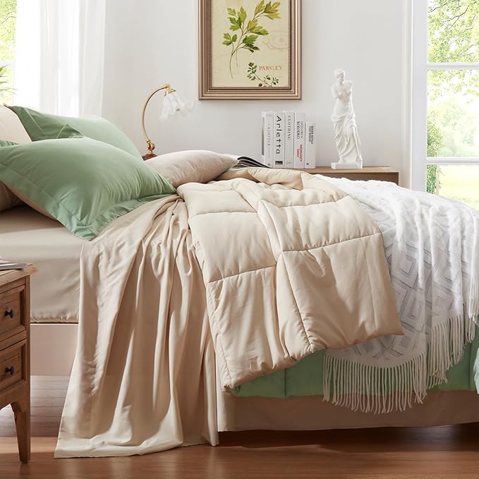 Anluoer Twin Size Bed in a Bag 5 Pieces, Sage Green Bed Comforter Set with Sheets, All Season Bedding Sets with 1 Comforter, 1 Pillow Sham, 1 Pillowcase, 1 Flat Sheet, 1 Fitted Sheet