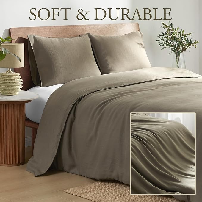 DAPU 100% Linen Duvet Cover Set - Pure Natural French Flax Linen with Corner Ties and Zipper Closure Soft Breathable Durable for Hot Sleepers 1 Duvet Cover 2 Pillowcases (Forest Green, Queen)