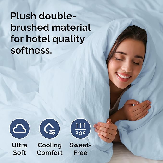 Duvet Cover Full Size - Extra Soft Full Size Duvet Cover - Lightweight, Breathable & Cozy - Easy Care & Fade Free w/ Zipper Closures & Ties - 80" x 90" Inches - (Light Blue) Comforter Not Included