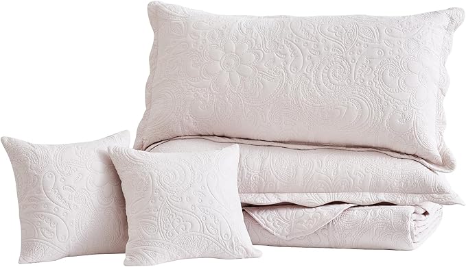 Oversized King Bedspread, Ultrasonic Lightweight Bedding Cover, Paisley Pattern, Reversible, 5 Piece, 100% Microfiber, Gray Lilac