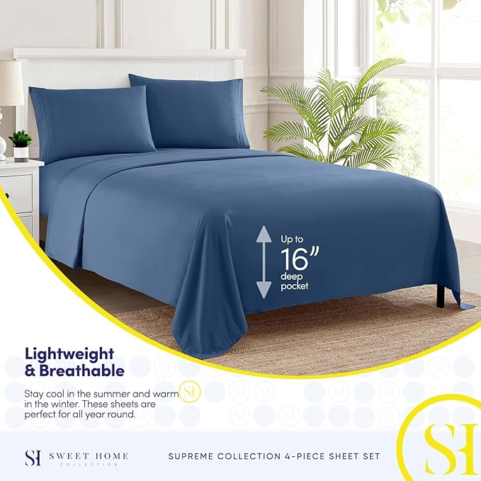 Split King Sheets - Breathable Luxury Sheets with Full Elastic & Secure Corner Straps Built In - 1800 Supreme Collection Extra Soft Deep Pocket Bedding Set, Sheet Set, Split King Size, Denim