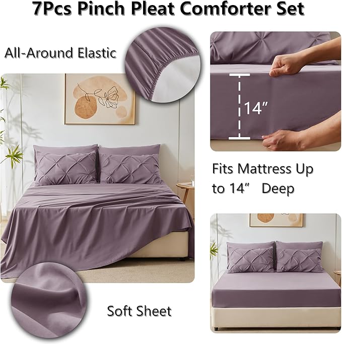 Queen Comforter Set Dusty Purple, 7 Pieces Pintuck Bed in A Bag Queen Size Bedding, Soft Bed Set All Season Pinch Pleat Comforter Set with Sheets, Pillowcases & Shams