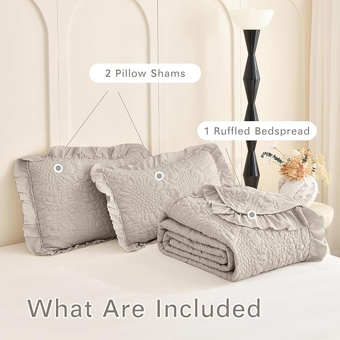 Lady Ann Queen Size Bedspread Set 102 * 118, Linen Feel Stone-Washed Ruffled Quilted Coverlet, 3 Pcs Crinkled Quilt Set Shabby and Chic Blanket Farmhouse Rustic Bedding Set Lightweight