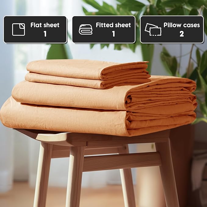 SONORO KATE 100% French Pure Linen Sheets, Breathable and Durable Linen King Size Sheets, Anti-Tear Linen Bed Sheets, Machine Washable, 16 Inch Deep Pocket - 4 Piece (Orange, King)