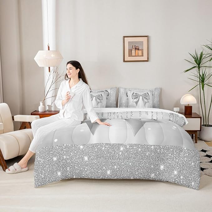 Feelyou Bowknot Comforter Set Queen Size 7 Pieces Dreamy Princess Bedding Set for Kids Boys Girls Glitter Bed in a Bag with Comforter, Sheets, Pillowcases, Cushion Covers Cute Bow Quilted Soft