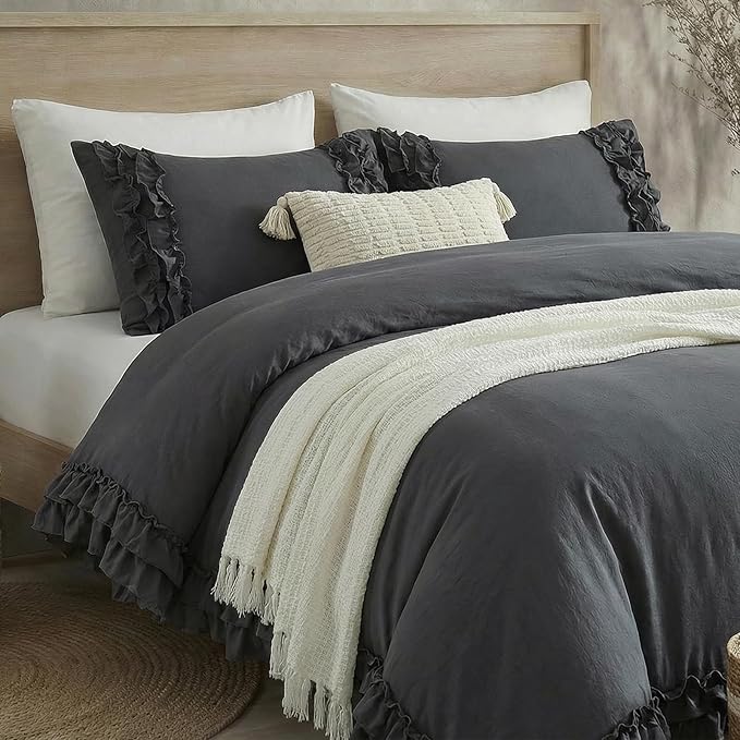 Dark Grey Ruffled Duvet Cover King Boho Bedding Set Gary Ruffle Fringe Shabby Chic Bedding Super Soft Cozy Farmhouse Duvet Cover Set for All Season