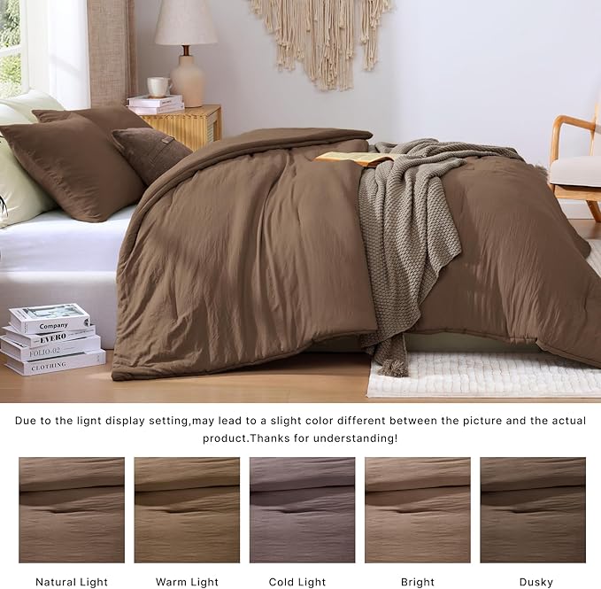 WRENSONGE King Size Comforter Set - 3 Pieces Brown Comforter Prewashed Soft Lightweight for All Seasons,Fluffy Down Alternative Comforter King Size with 2 Pillow Shams