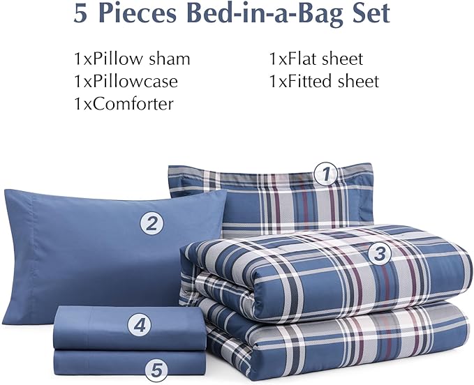 Plaid Twin XL Comforter Set Medium Blue, Bedding Set 5 Pieces for Boys Girls Teen, Lightweight Bed in a Bag for Dorm with Sheets, Pillowcase & Sham