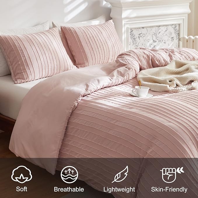 WARMDERN Pink Boho Duvet Cover King Size, Striped Textured Duvet Cover Set Tufted Bedding Set, 3 Pcs Ultra Soft Washed Microfiber Duvet Cover with Zipper Closure (King, Pink)