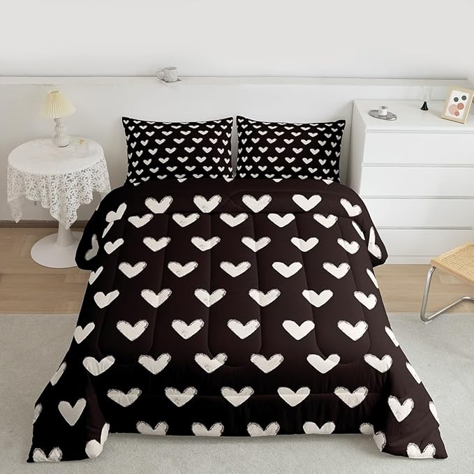 Erosebridal Love Comforter Set Queen Black and White Bedding for Kids Boys Girls Cute Heart Shaped Valentine Day Down Comforter Kawaii Cartoon Love Heart Geometric Duvet Insert Soft Warm Quilt 3Pcs