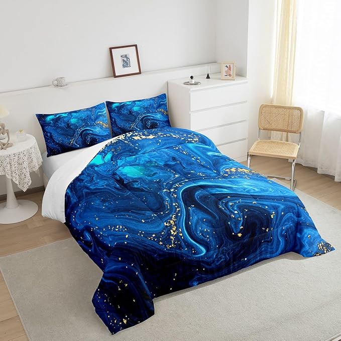 Blue Marble Comforter Set Twin, Ombre Blue Fluid Bedding Set Trippy Liquid Down Comforter Gypsy Golden Sequins Printed Duvet Set Tie Dye Gradient Soft Bedding Comforter Sets with 2 Pillowcases