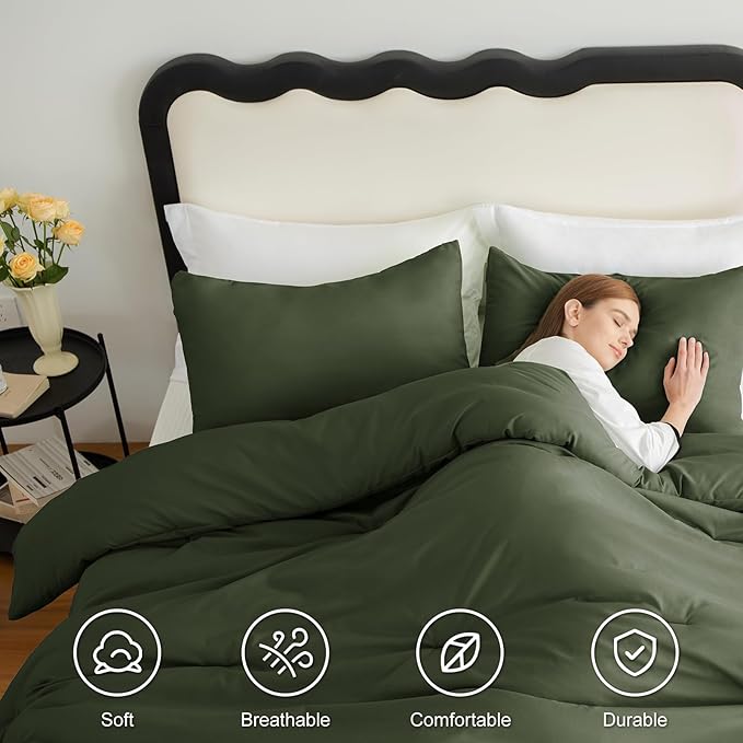 CozyLux Oversized King Comforter Set Olive Green, 3 Pieces 120x98 Solid Breathable Quilted Style Bedding Sets All Season, Luxury Soft Down Alternative Comforter Bed Set (1 Comforter & 2 Pillowcases)